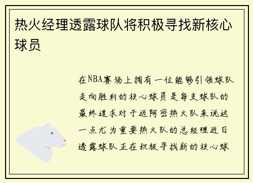 热火经理透露球队将积极寻找新核心球员